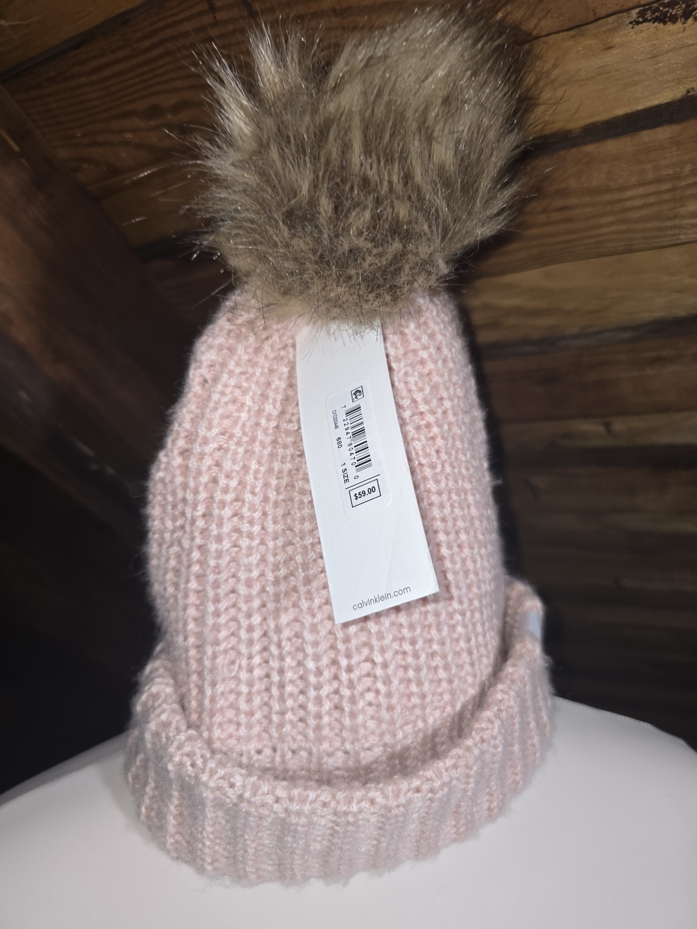 Calvin Klein Light Pink Knit Beanie with Faux Fur Pom